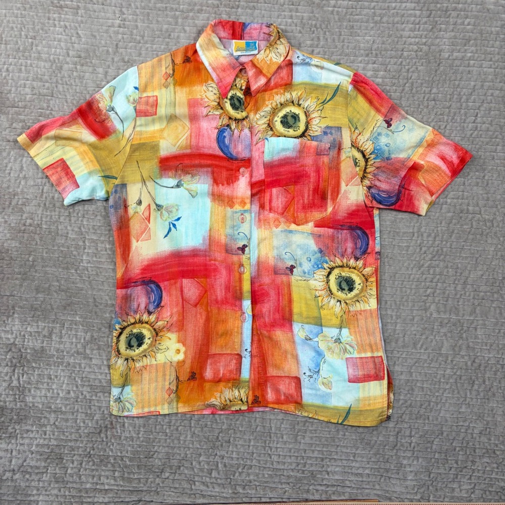 SeaSuns Vintage Sunflowers Abstract Print Button Up Shirt USA Made Multi Color